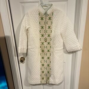 Elegant White green gold Quilted house Coat with Green Embroidery